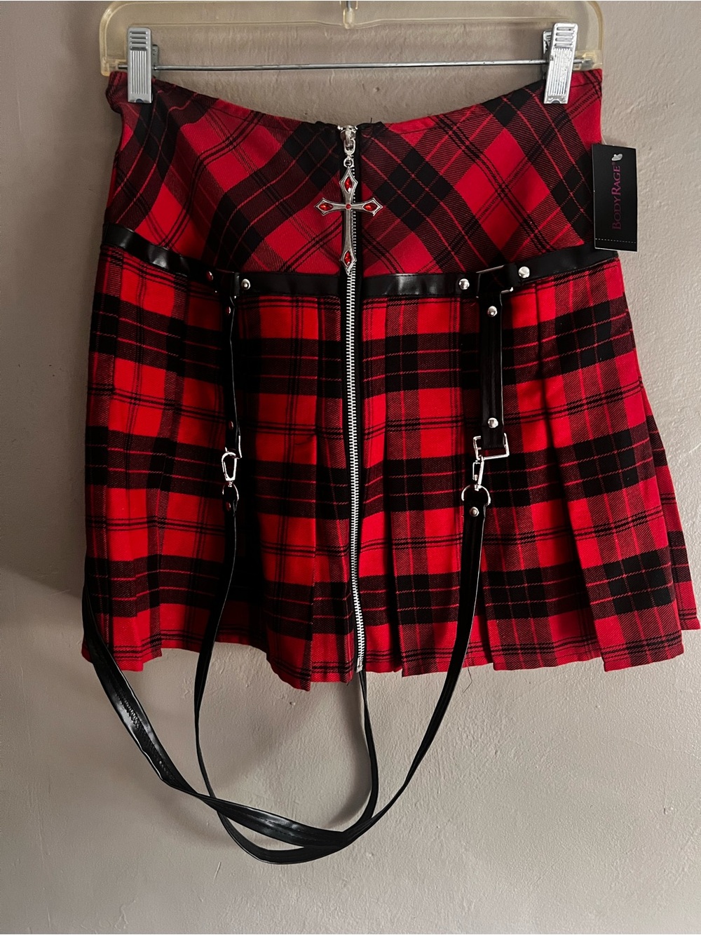 Red Plaid Pleated Mini Skirt with Front Zip and Faux-Leather Straps